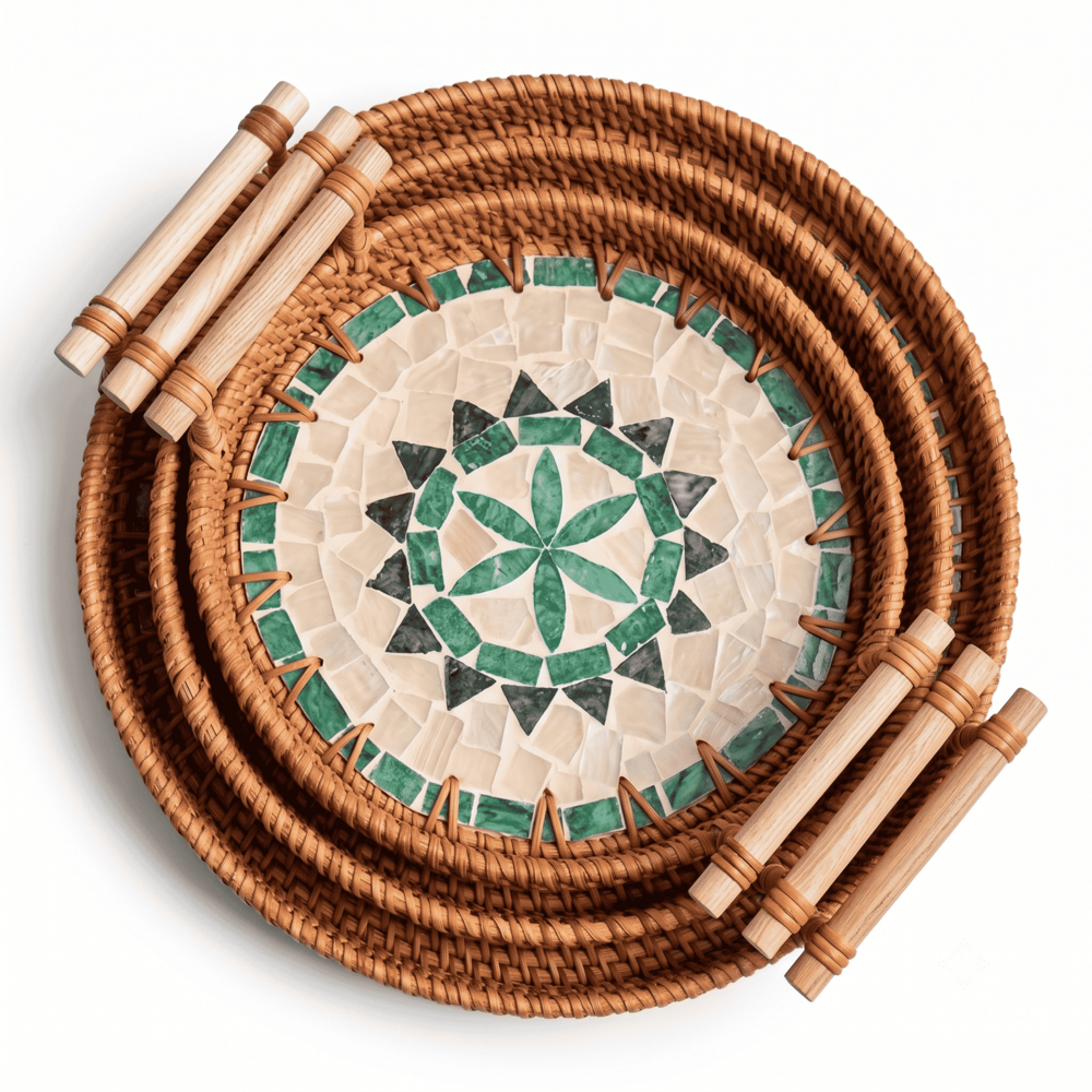 Rattan Serving Tray Set of 3 with Mosaic Inlay & Wooden Handles  Round Nesting Trays