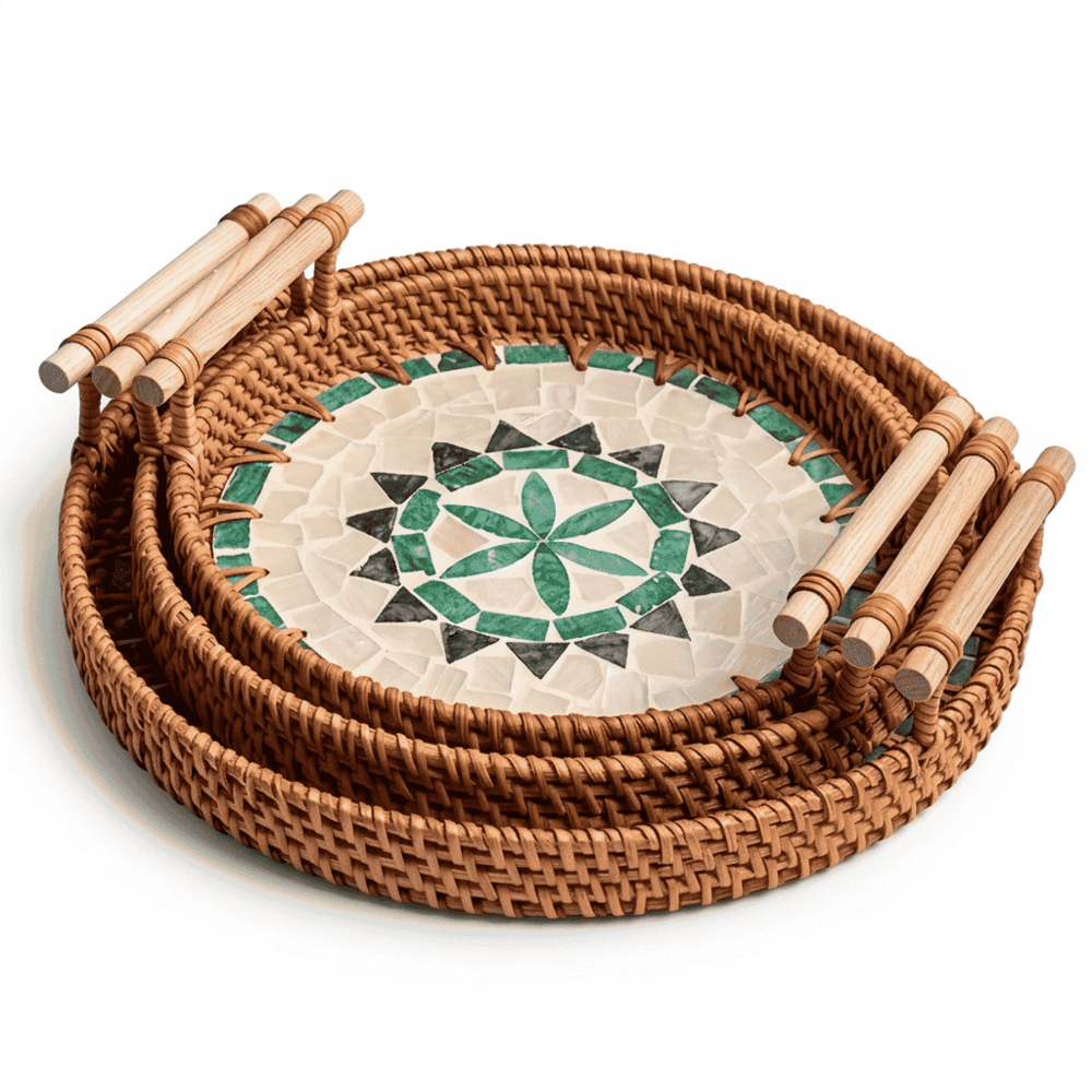 Rattan Serving Tray Set of 3 with Mosaic Inlay & Wooden Handles  Round Nesting Trays
