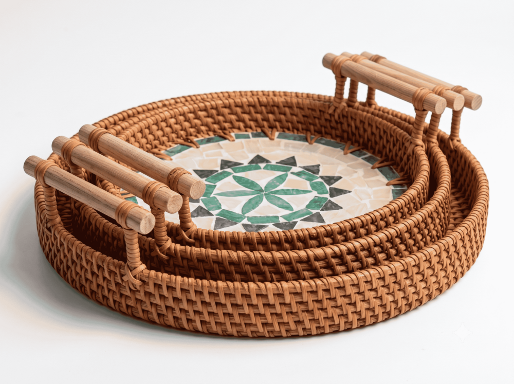 Rattan Serving Tray Set of 3 with Mosaic Inlay & Wooden Handles  Round Nesting Trays
