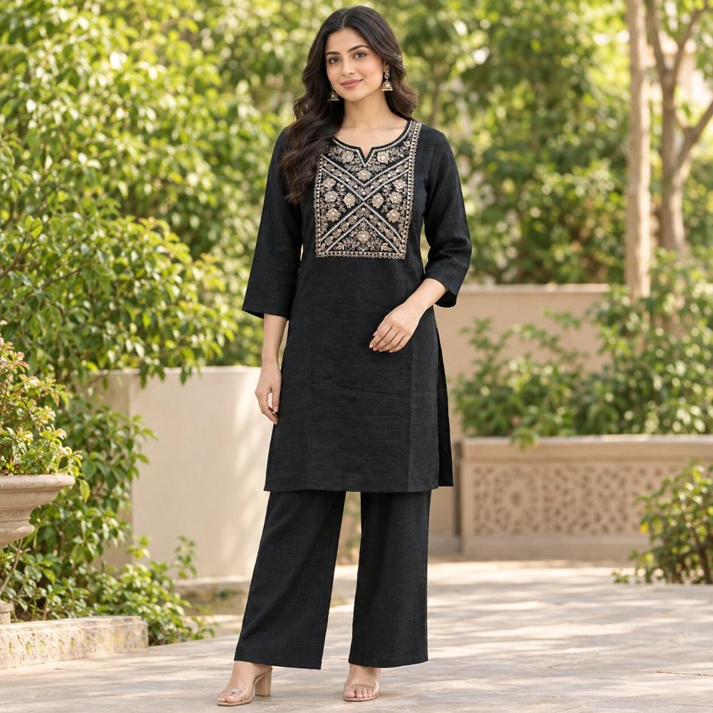 Elegant Black Embroidered Kurti With Matching Palazzo Pants - Bust Size: 32
