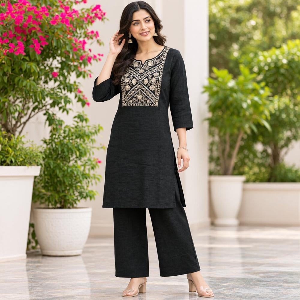 Elegant Black Embroidered Kurti with Matching Palazzo Pants