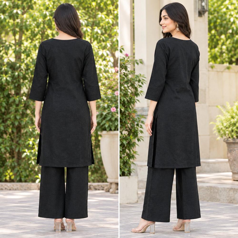 Elegant Black Embroidered Kurti with Matching Palazzo Pants