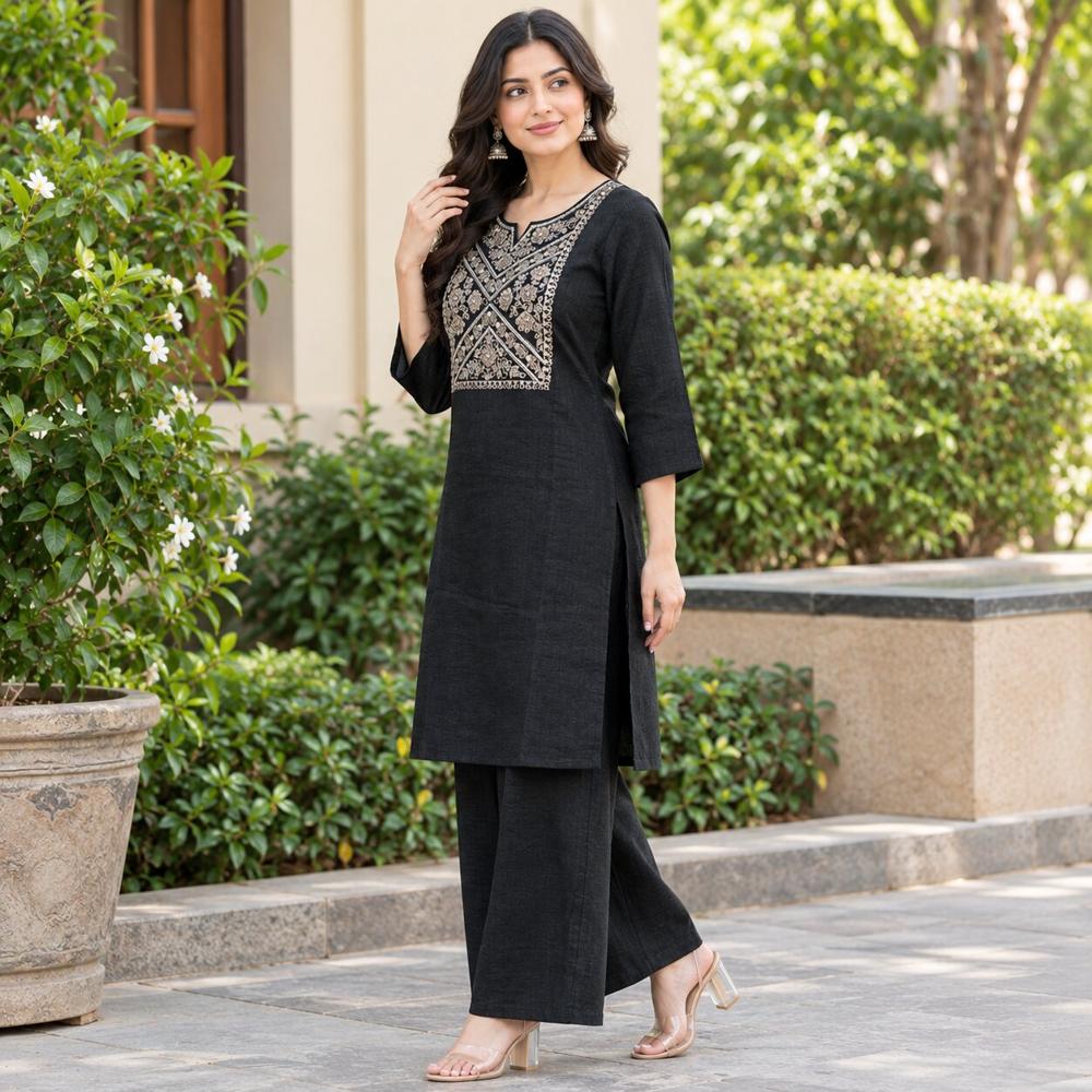 Elegant Black Embroidered Kurti with Matching Palazzo Pants