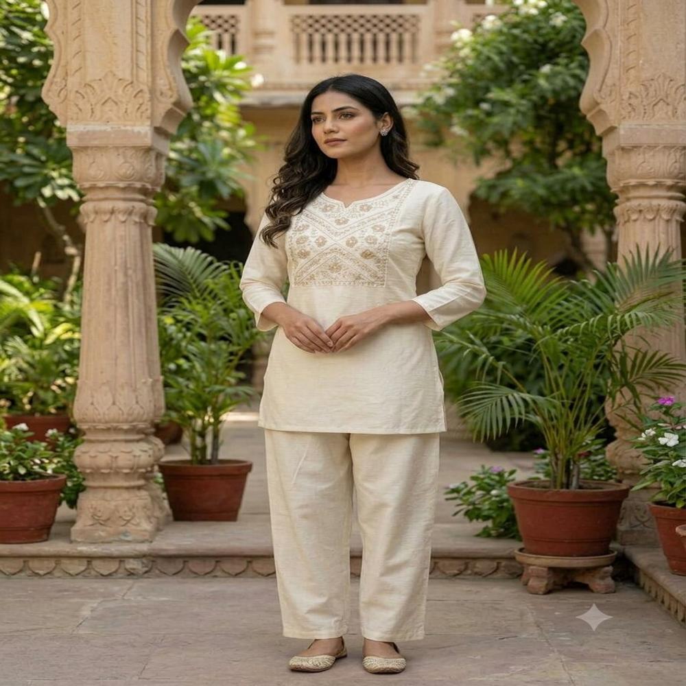 Elegant Ivory Embroidered Straight Kurti with Matching Pants Set