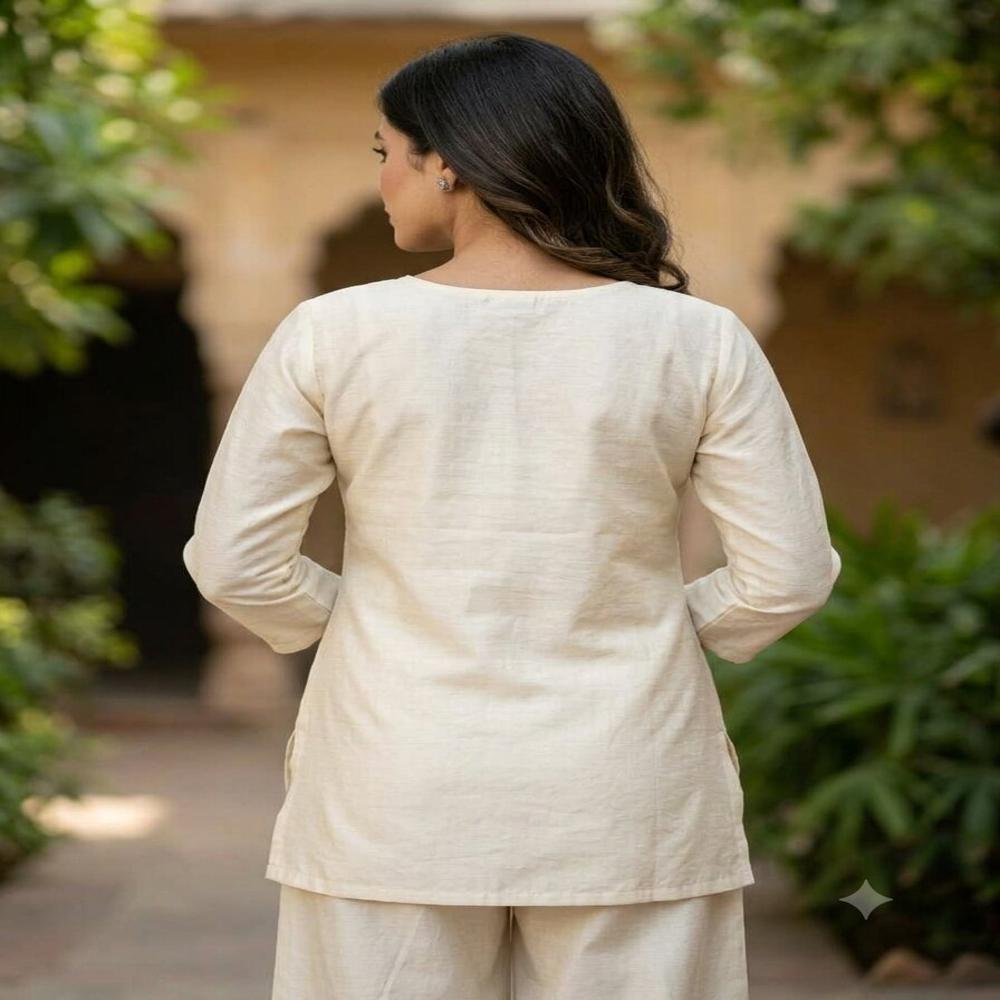 Elegant Ivory Embroidered Straight Kurti with Matching Pants Set