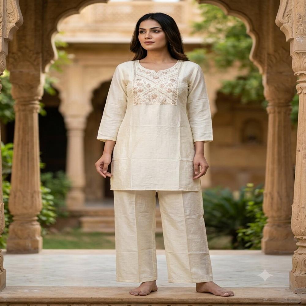 Elegant Ivory Embroidered Straight Kurti with Matching Pants Set