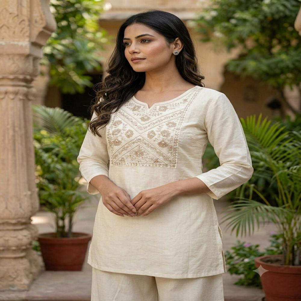 Elegant Ivory Embroidered Straight Kurti with Matching Pants Set