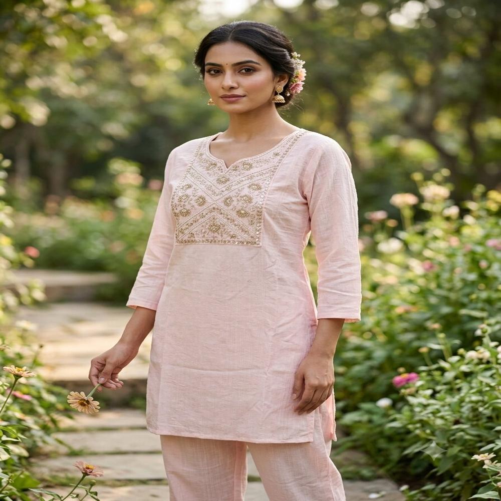 Elegant Blush Pink Embroidered Straight Kurti With Matching Pants - Bust Size: 32