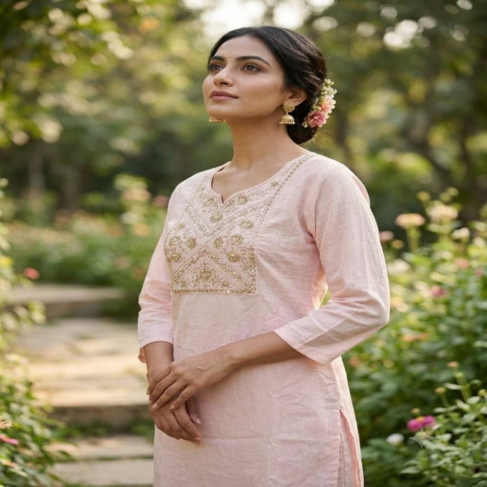 Elegant Blush Pink Embroidered Straight Kurti with Matching Pants
