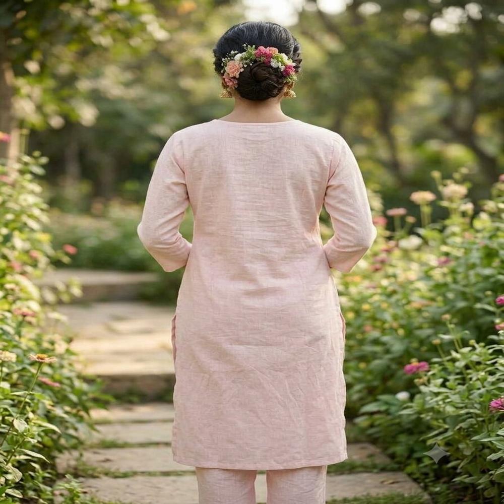 Elegant Blush Pink Embroidered Straight Kurti with Matching Pants