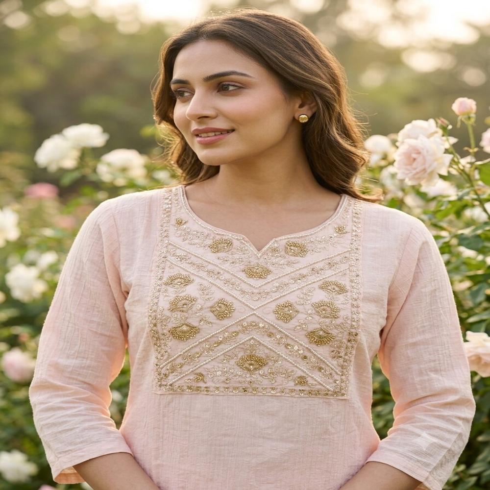 Elegant Blush Pink Embroidered Straight Kurti with Matching Pants