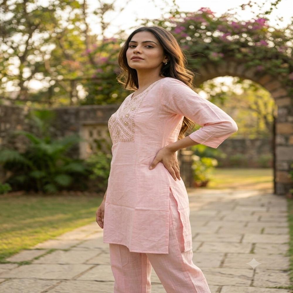 Elegant Blush Pink Embroidered Straight Kurta with Matching Pants