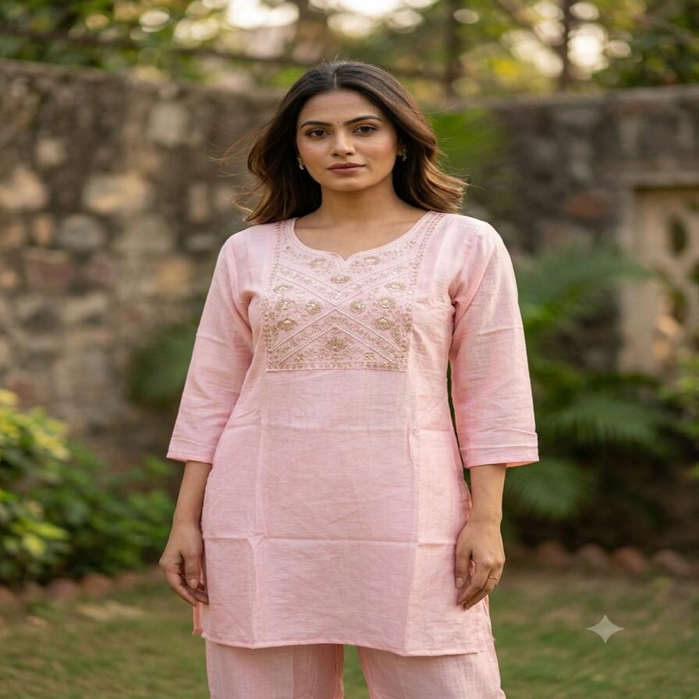 Blush Pink Embroidered Straight Kurta Set with Matching Pants