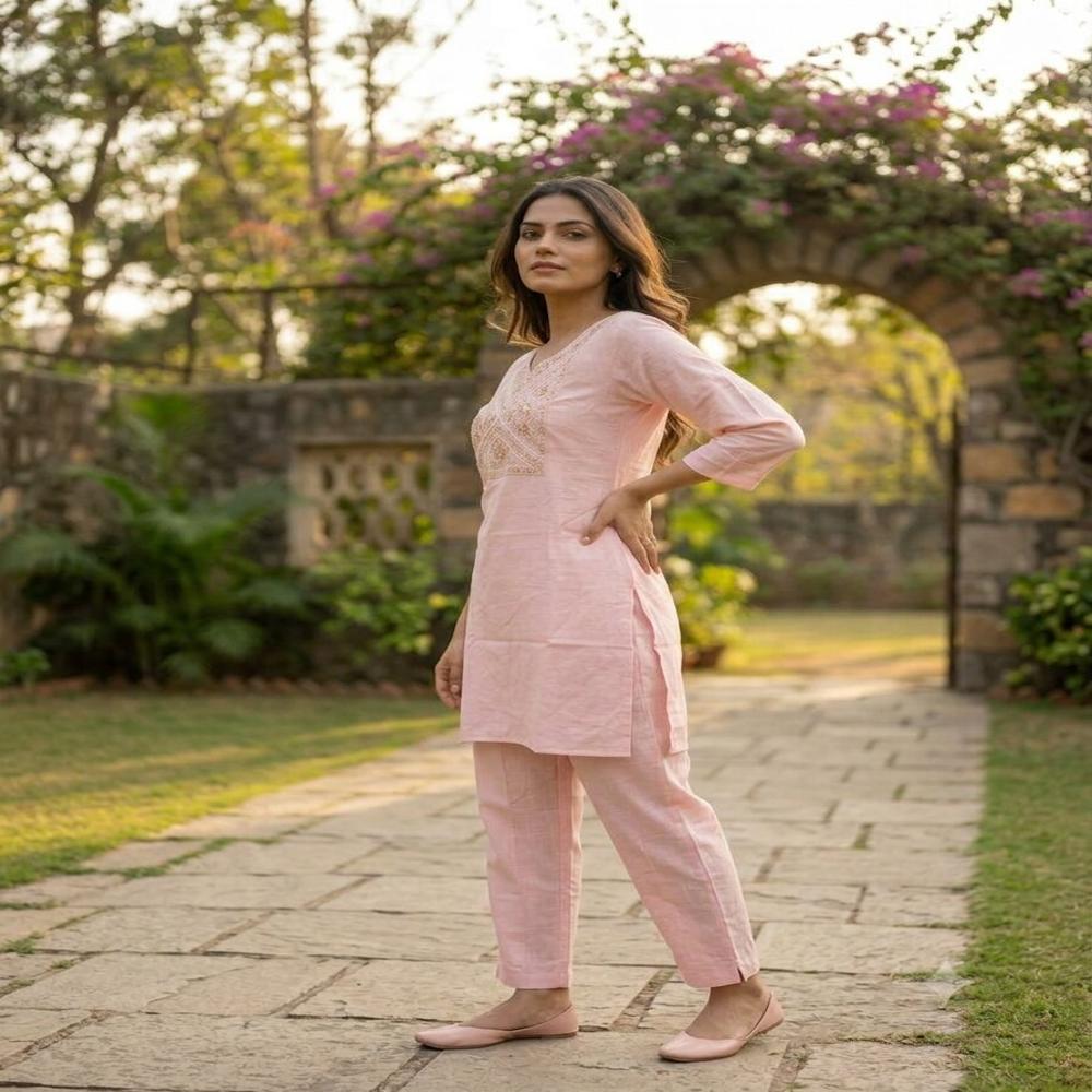 Blush Pink Embroidered Straight Kurta Set with Matching Pants