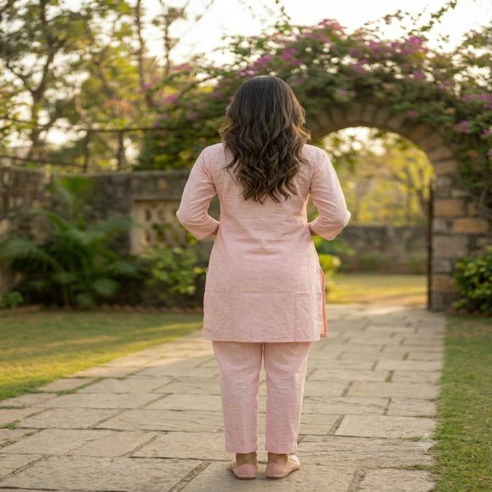 Blush Pink Embroidered Straight Kurta Set with Matching Pants