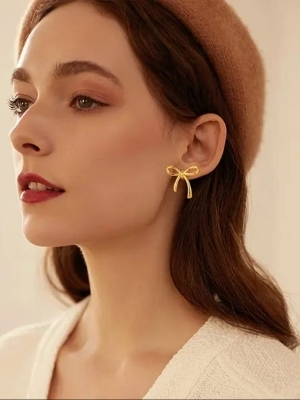 Gold-Tone Bow Design Stud Earrings - Color: Gold