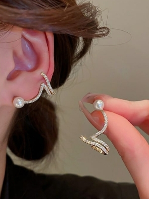 Gold-Tone Wavy Pearl And Crystal Drop Earrings - Color: Goldan White