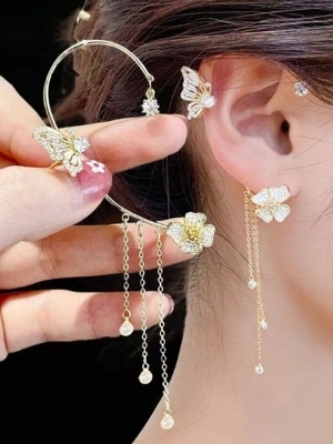 Gold-Tone Butterfly And Floral Chain Drop Earrings - Color: Goldn