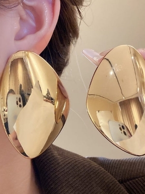 Gold-Tone Oversized Oval Statement Stud Earrings - Color: Golden