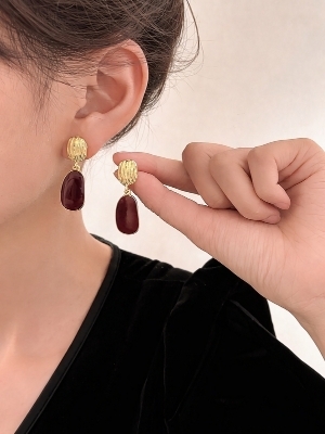 Gold-Plated Burgundy Drop Earrings - Gender: Women