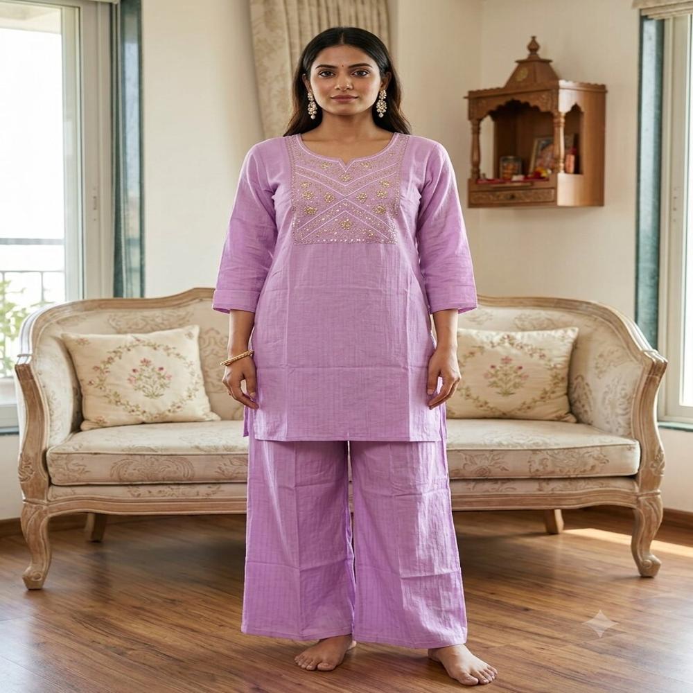 Elegant Lavender Embroidered Straight Kurta Set With Palazzo Pants - Bust Size: Na Inch (In)