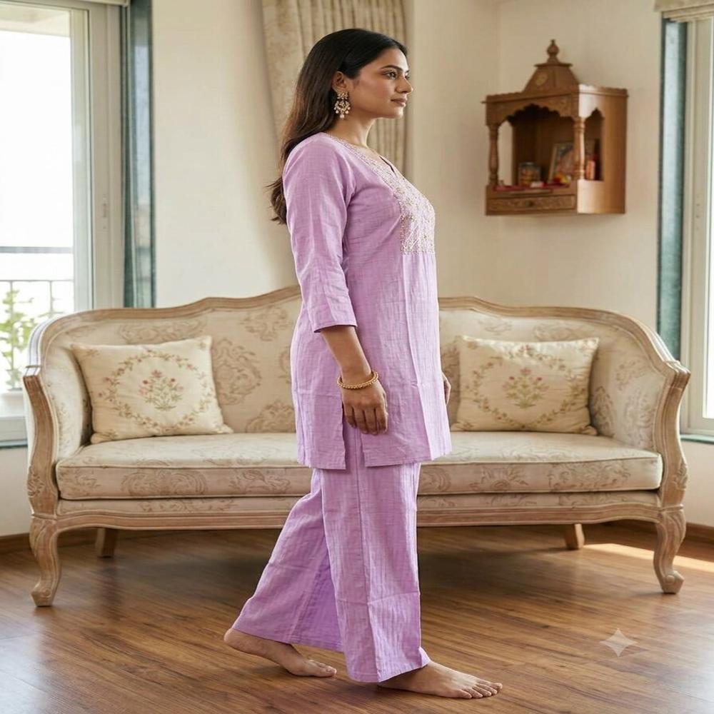 Elegant Lavender Embroidered Straight Kurta Set with Palazzo Pants