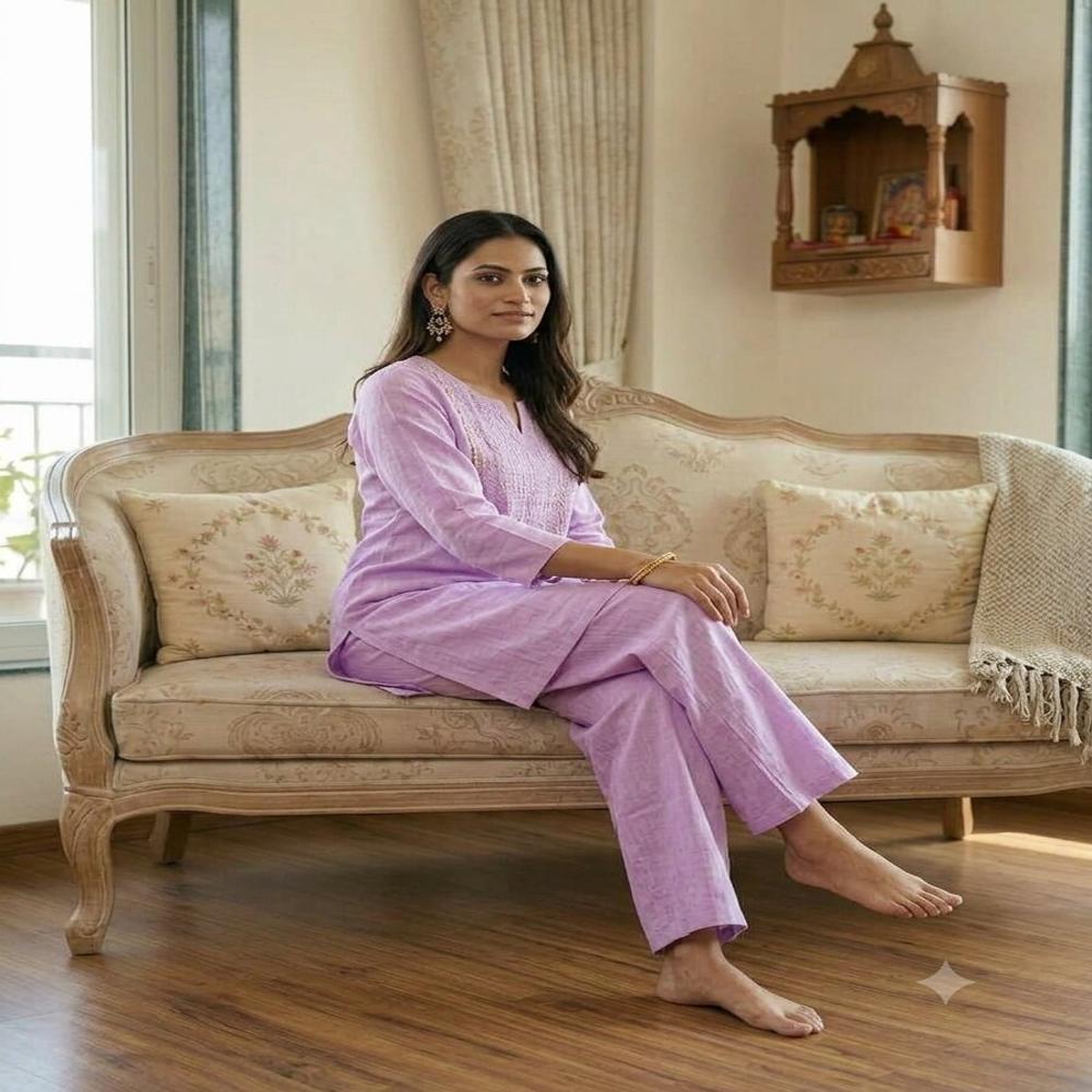 Elegant Lavender Embroidered Straight Kurta Set with Palazzo Pants
