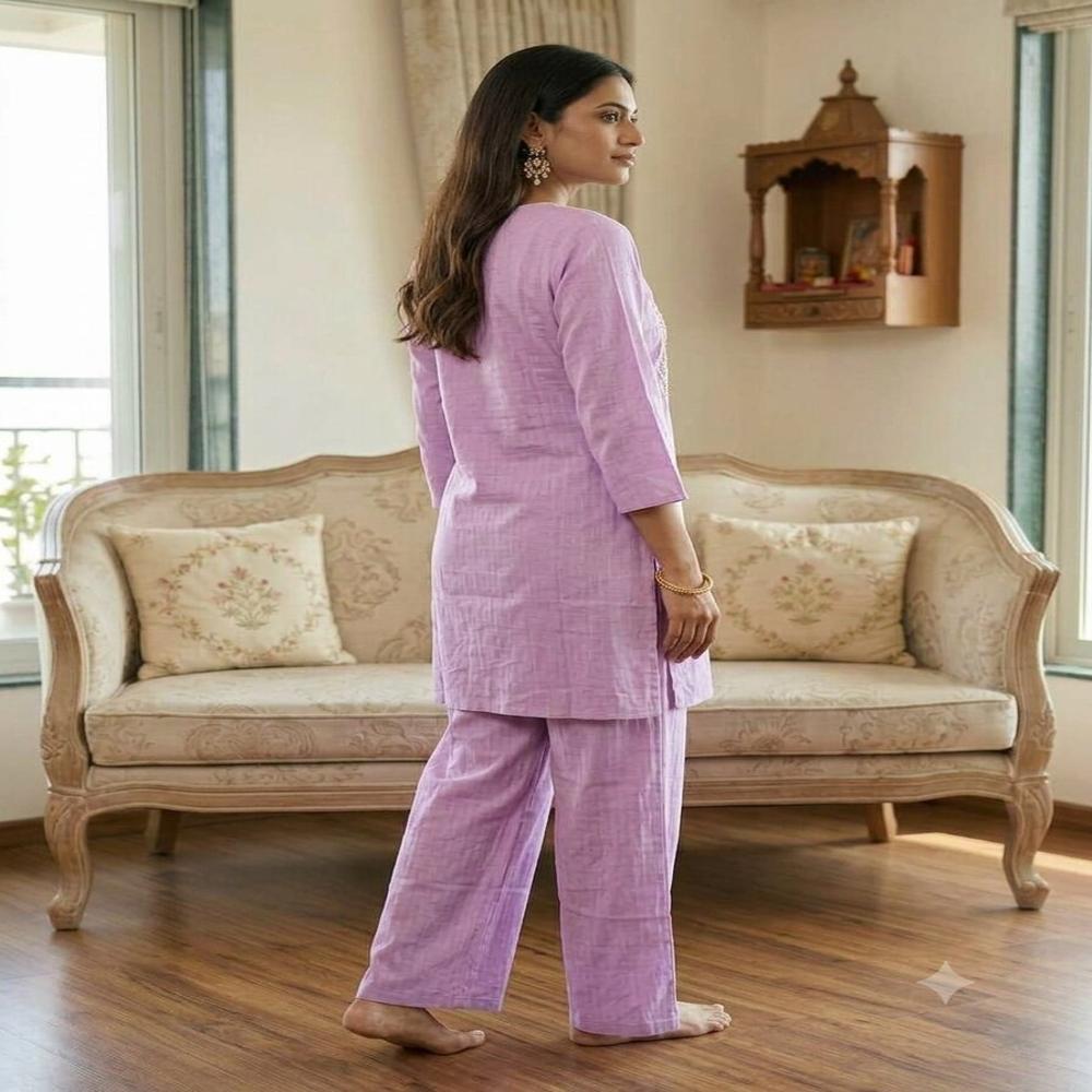 Elegant Lavender Embroidered Straight Kurta Set with Palazzo Pants