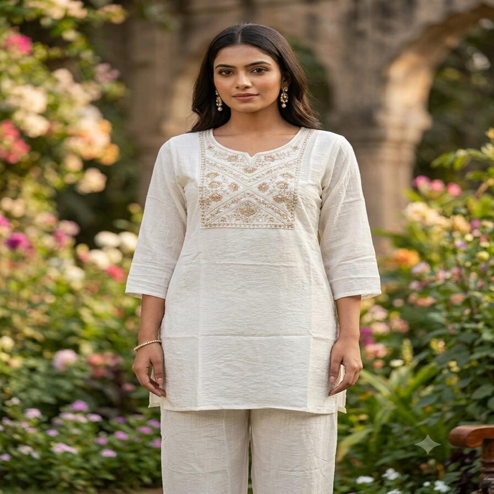 Elegant Ivory White Embroidered Straight Kurta Set with Matching Pants