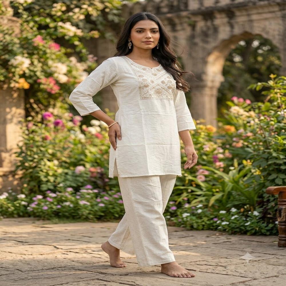 Elegant Ivory White Embroidered Straight Kurta Set with Matching Pants