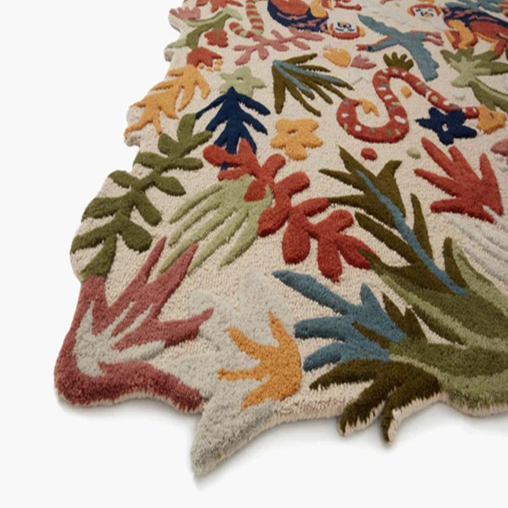 Handmade Wool Tufted Jungle Animal Rug with Colorful Botanical Design for Kids Room and Home Decor