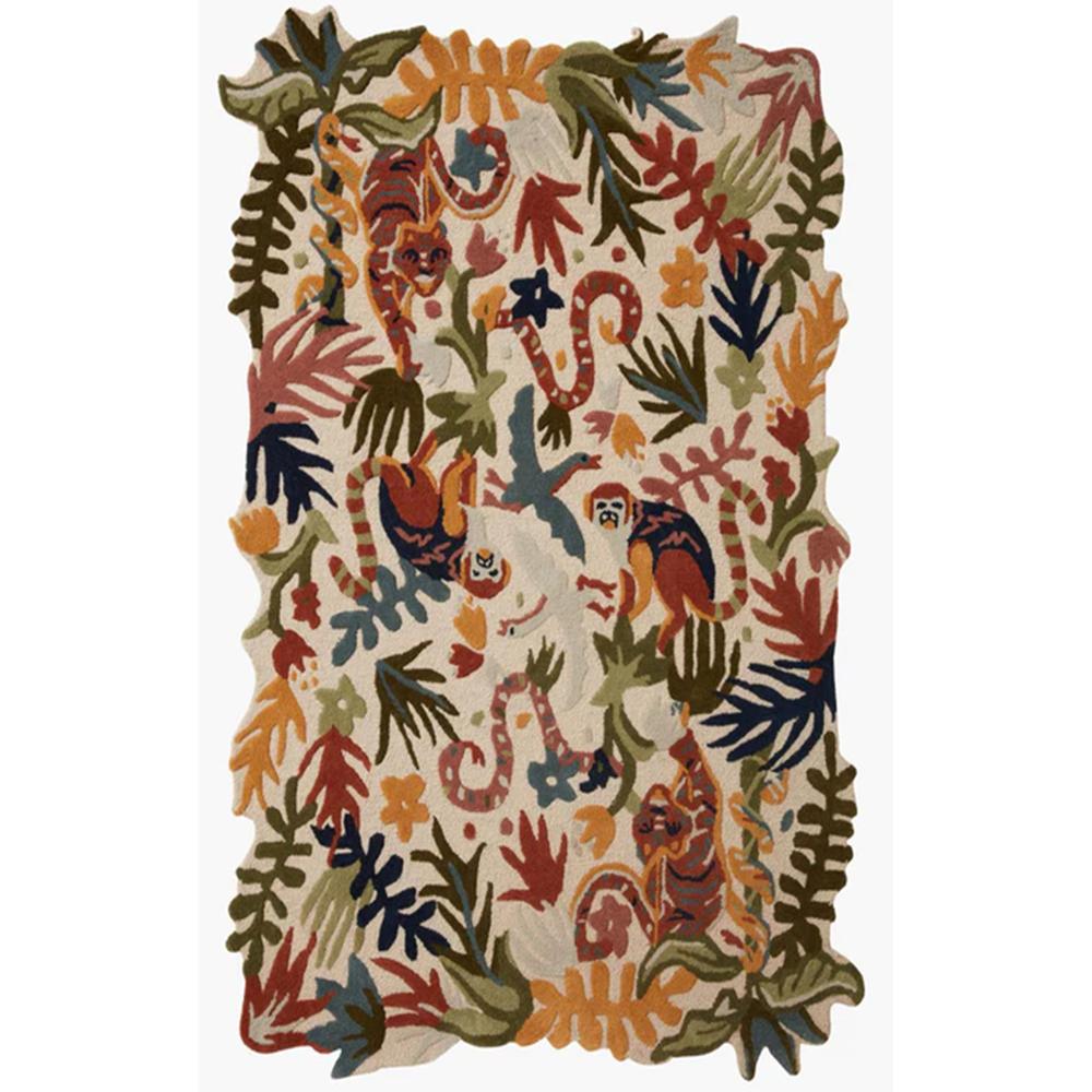 Handmade Wool Tufted Jungle Animal Rug with Colorful Botanical Design for Kids Room and Home Decor