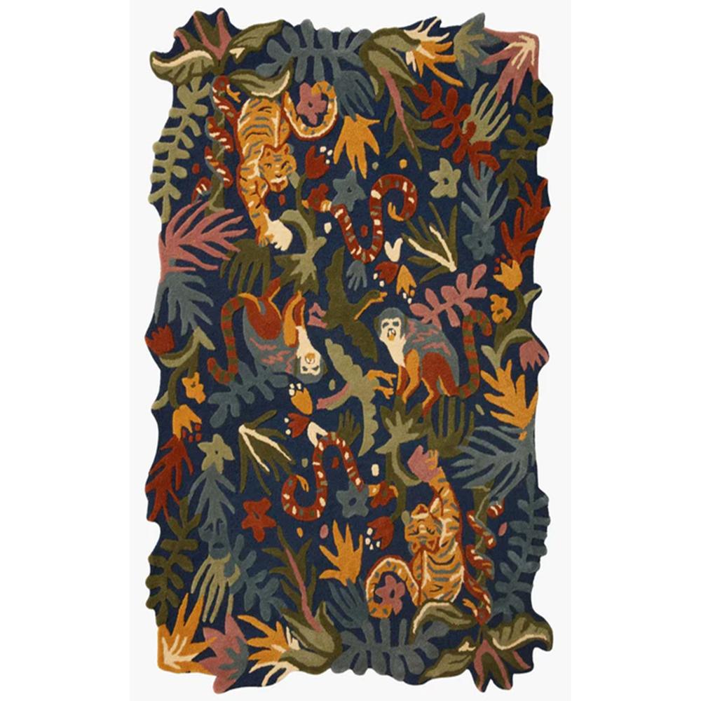 Handmade Wool Tufted Jungle Animal Rug with Colorful Tropical Leaf Design for Kids Room Decor