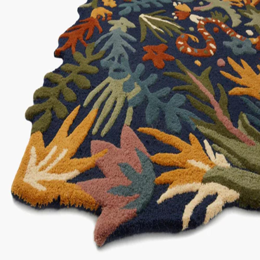 Handmade Wool Tufted Jungle Animal Rug with Colorful Tropical Leaf Design for Kids Room Decor