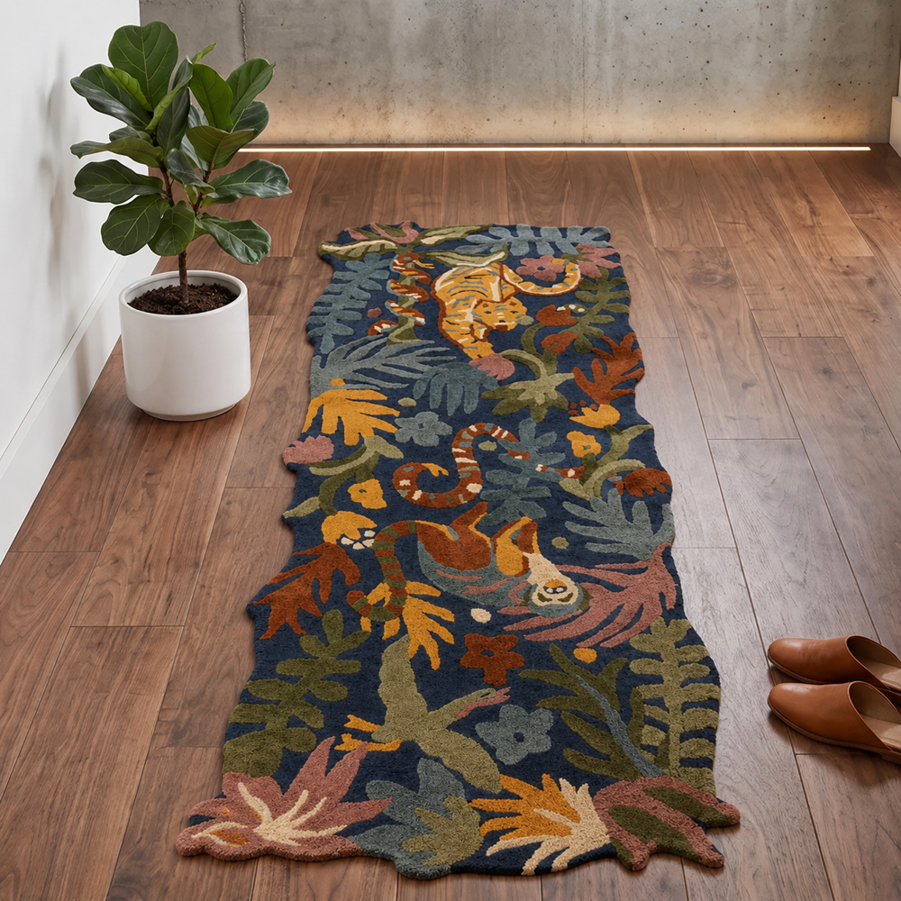 Handmade Wool Tufted Jungle Animal Rug with Colorful Tropical Leaf Design for Kids Room Decor