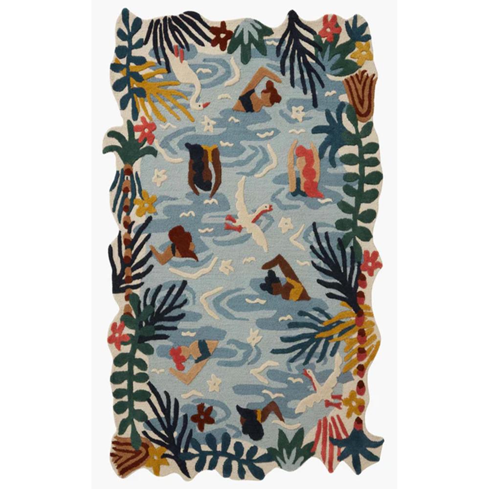 Handmade Wool Tufted Ocean Theme Rug with Colorful Tropical Plants and Swimmer Design for Home Decor