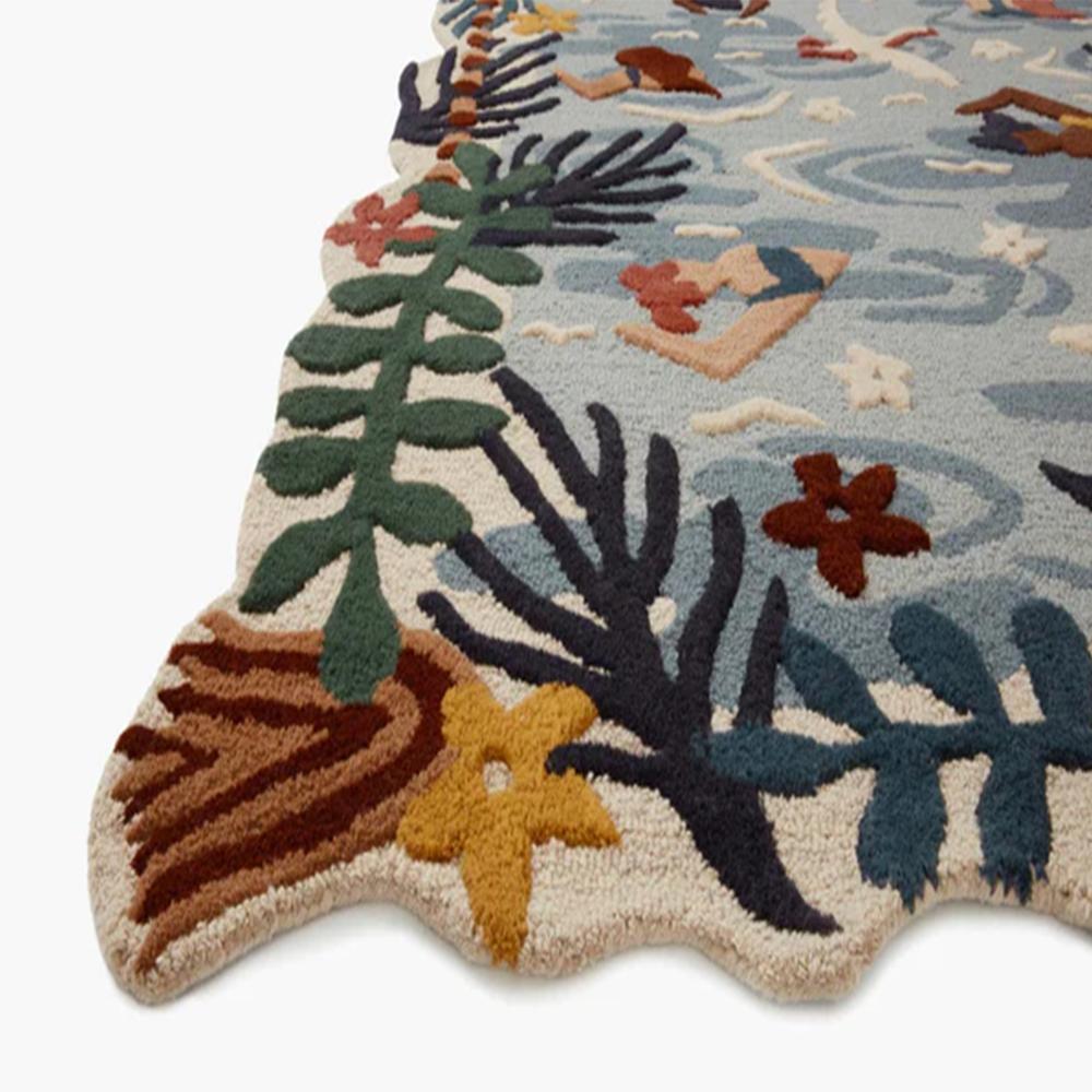 Handmade Wool Tufted Ocean Theme Rug with Colorful Tropical Plants and Swimmer Design for Home Decor