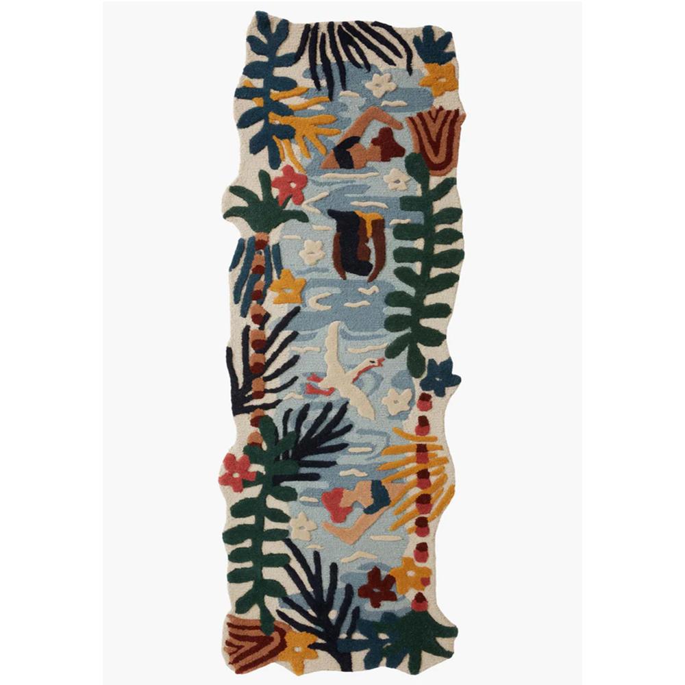 Handmade Wool Tufted Ocean Theme Rug with Colorful Tropical Plants and Swimmer Design for Home Decor