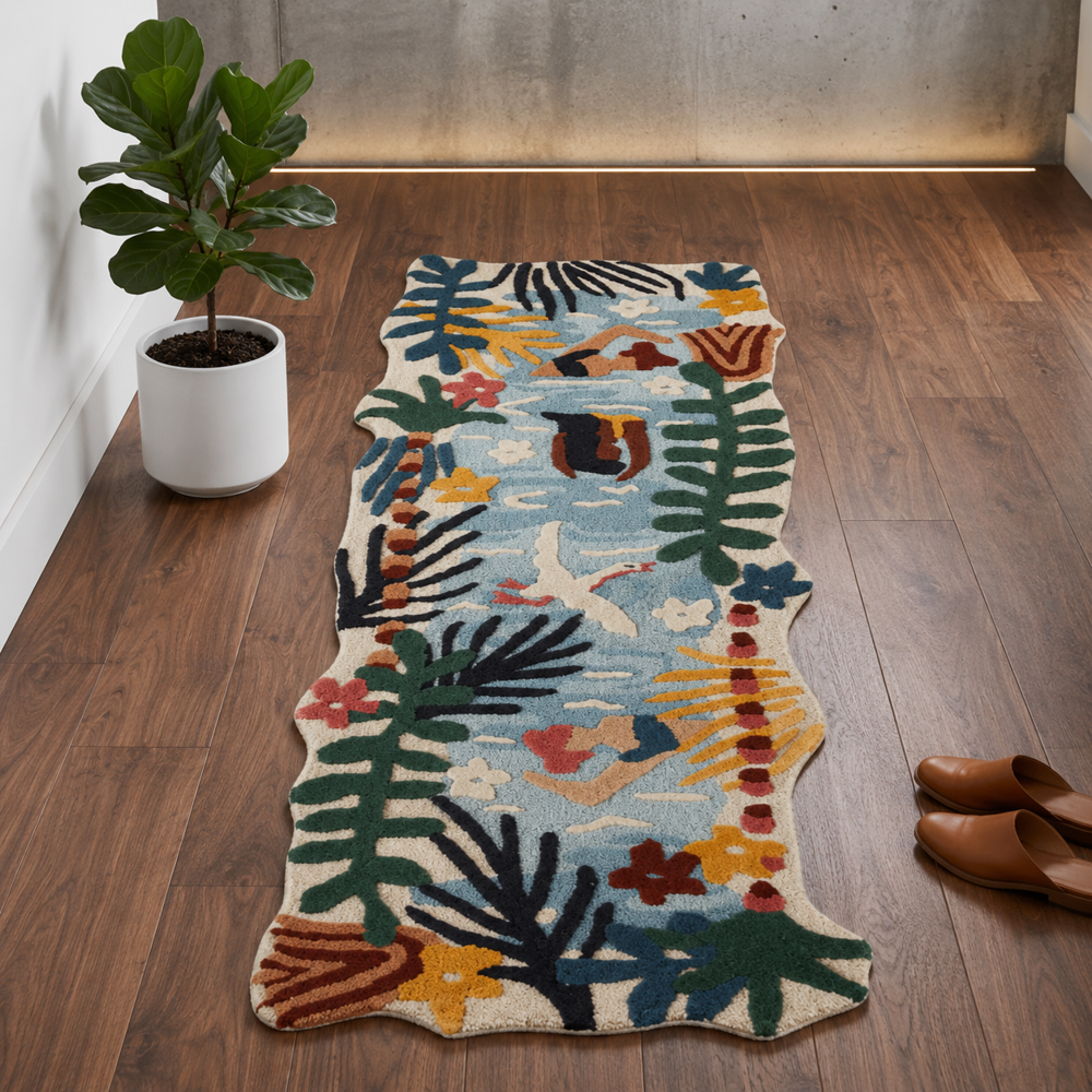 Handmade Wool Tufted Ocean Theme Rug with Colorful Tropical Plants and Swimmer Design for Home Decor