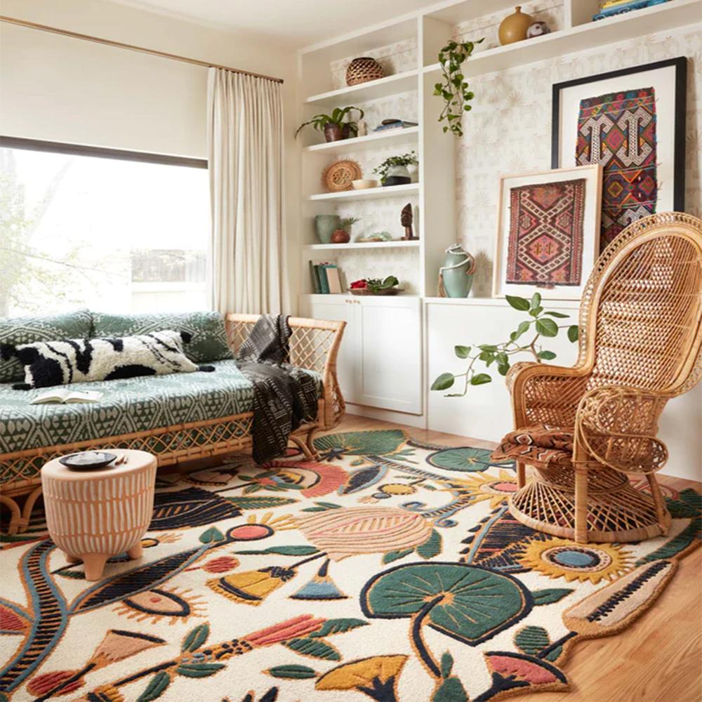 Handmade Wool Tufted Abstract Floral Rug with Colorful Botanical Design for Modern Home Decor