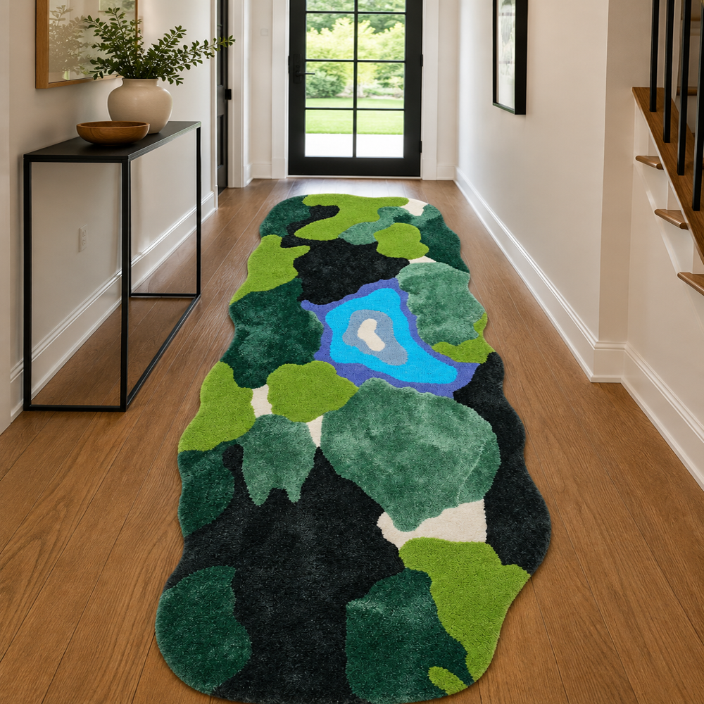 Handmade Wool Tufted Abstract Green Camouflage Rug with Blue Accent for Modern Home Decor