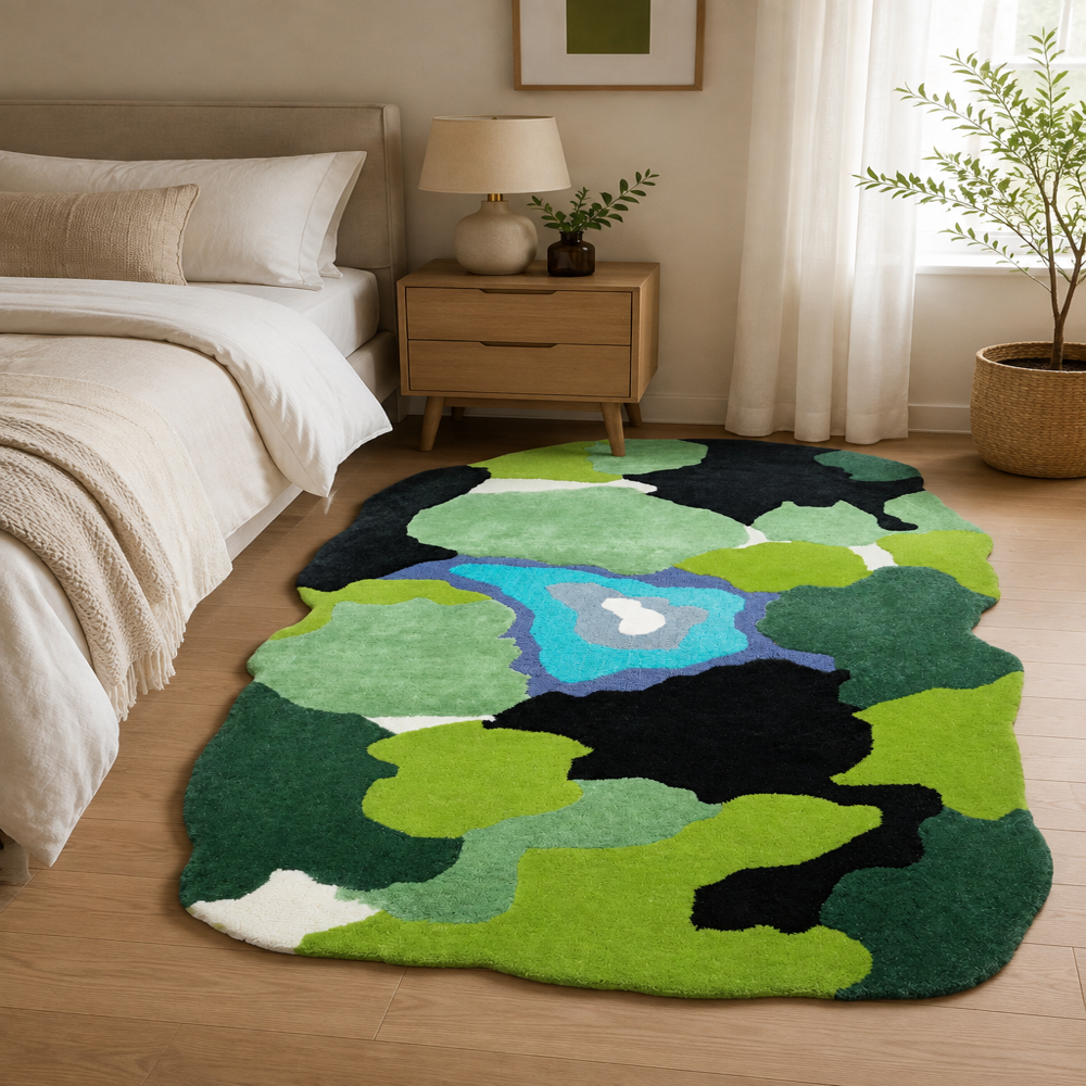 Handmade Wool Tufted Abstract Green Camouflage Rug with Blue Accent for Modern Home Decor