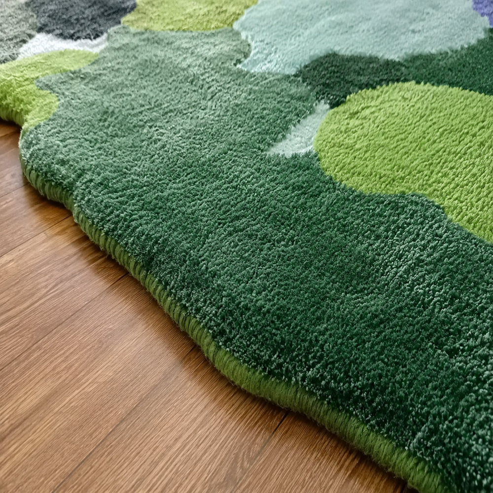 Handmade Wool Tufted Abstract Green Camouflage Rug with Blue Accent for Modern Home Decor