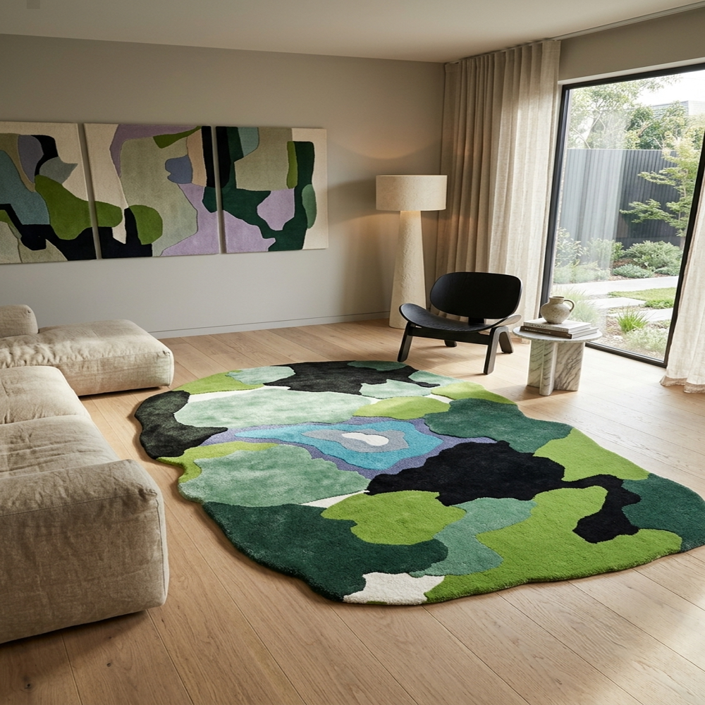 Handmade Wool Tufted Abstract Green Camouflage Rug with Blue Accent for Modern Home Decor