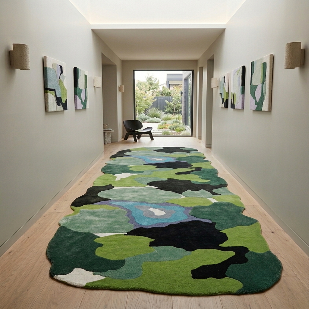 Handmade Wool Tufted Abstract Green Camouflage Rug with Blue Accent for Modern Home Decor