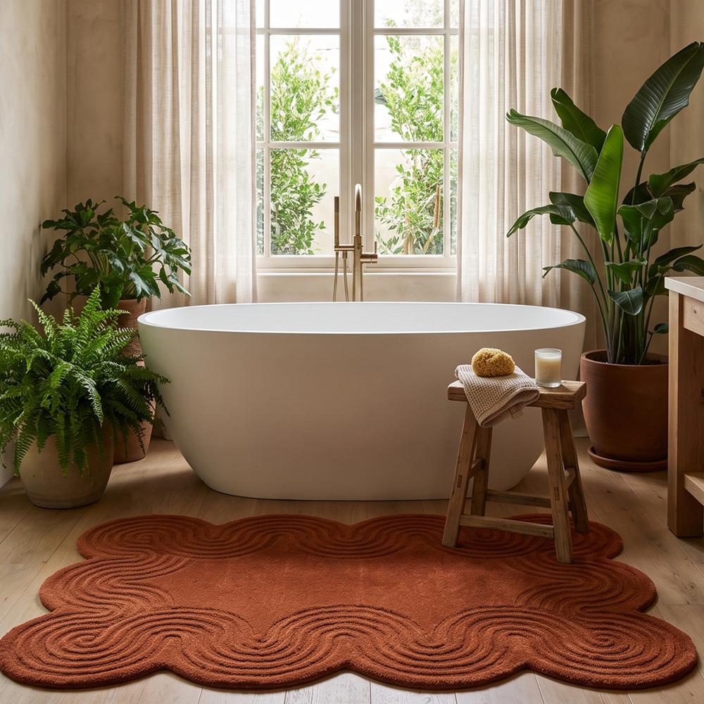 Title: Rust Brown Handmade Tufted Wool Rug with Scalloped Shape and Textured Wave Pattern for Modern Home Decor