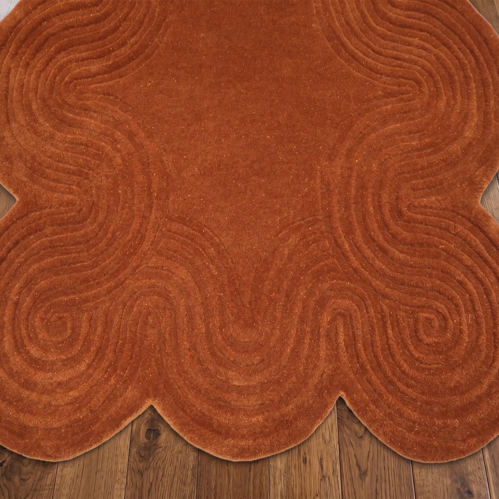 Title: Rust Brown Handmade Tufted Wool Rug with Scalloped Shape and Textured Wave Pattern for Modern Home Decor