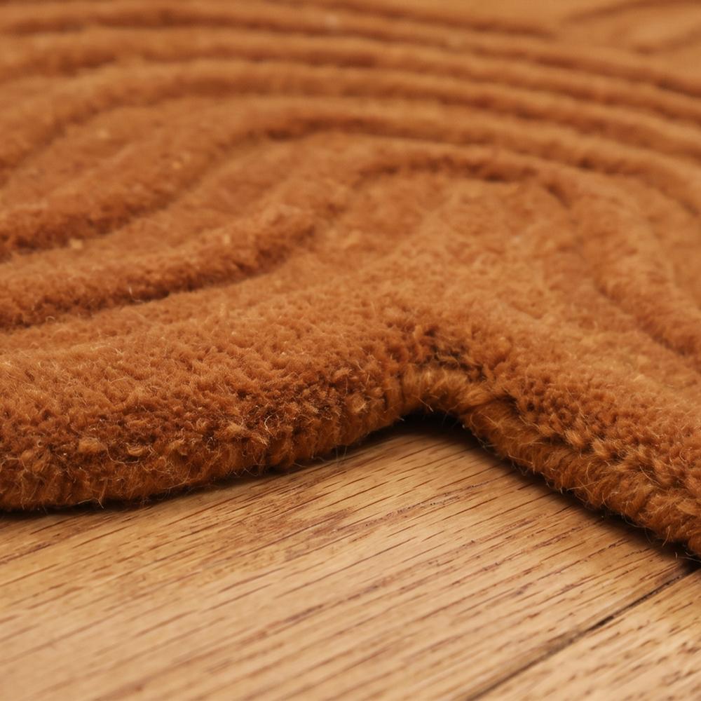 Title: Rust Brown Handmade Tufted Wool Rug with Scalloped Shape and Textured Wave Pattern for Modern Home Decor