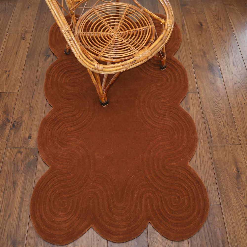 Title: Rust Brown Handmade Tufted Wool Rug with Scalloped Shape and Textured Wave Pattern for Modern Home Decor
