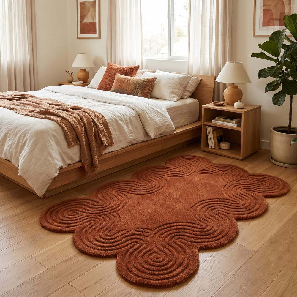 Title: Rust Brown Handmade Tufted Wool Rug with Scalloped Shape and Textured Wave Pattern for Modern Home Decor